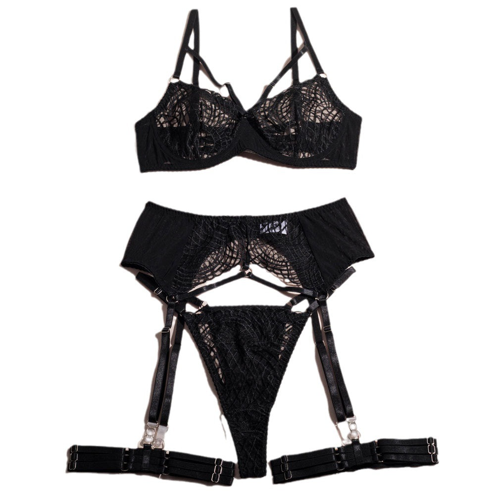 Lace Embroidered Black Lingerie Set with Underwire