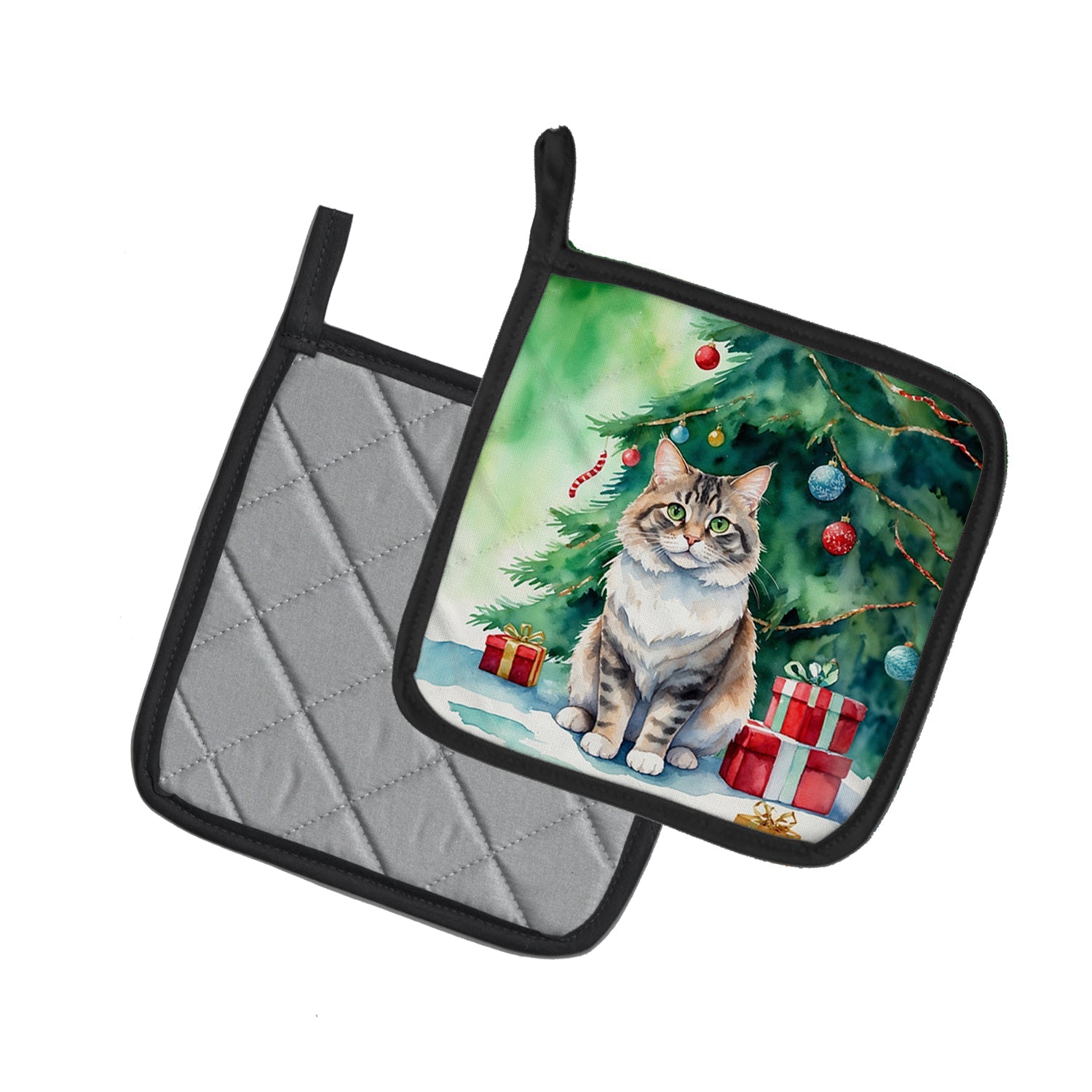 Kurilian Bobtail Cat By the Christmas Tree Pair of Pot Holders