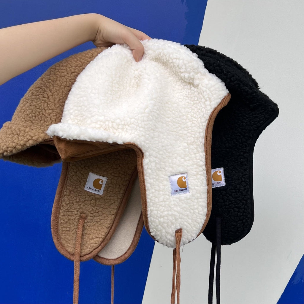 Solid Color Lamb Wool Flying Hat | Embroidered Cap