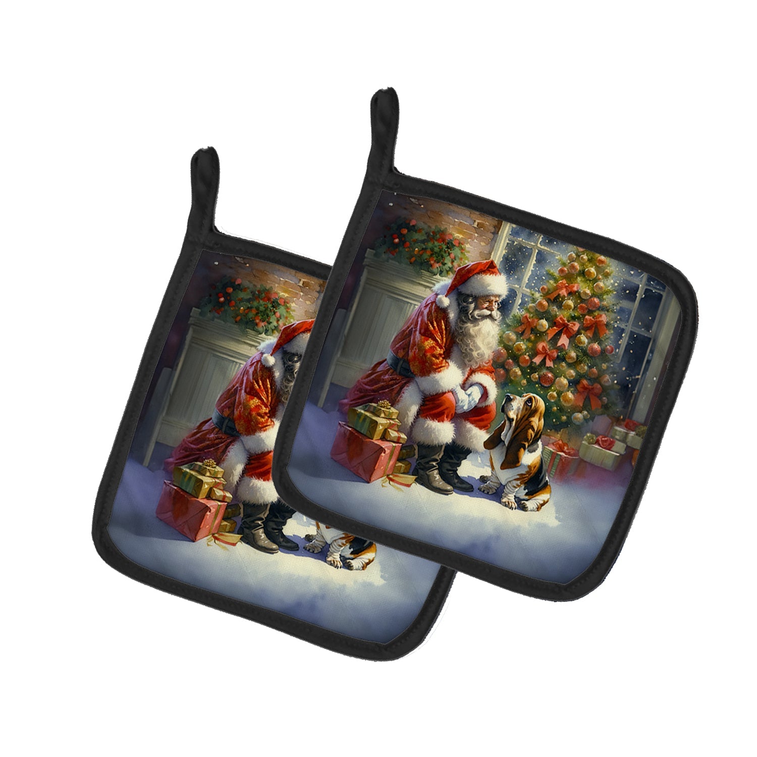 Basset Hound and Santa Claus Pair of Pot Holders