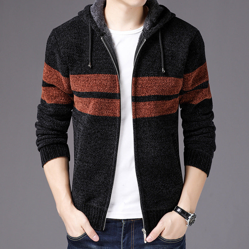 Men's Hooded Wool-Lined Knit Cardigan Sweater (One Piece)
