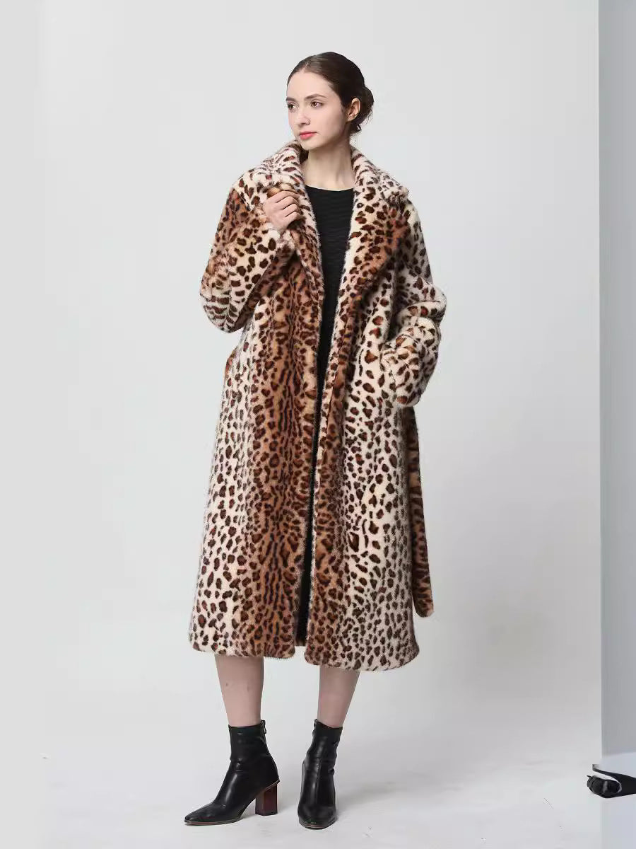 Mid-Length Leopard Print Plush Coat for Women