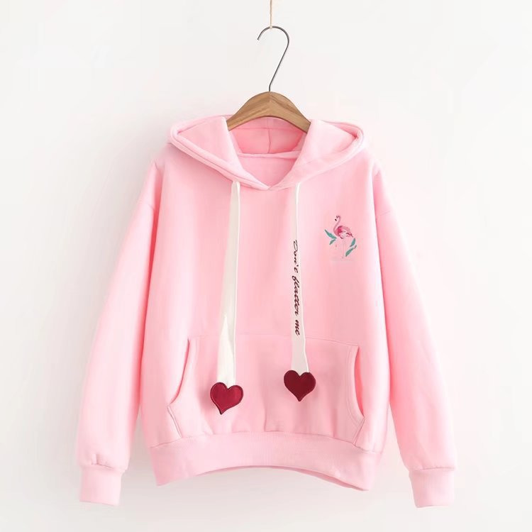 Flamingo Love Printed Velvet Hooded Sweatshirt | Streetwear