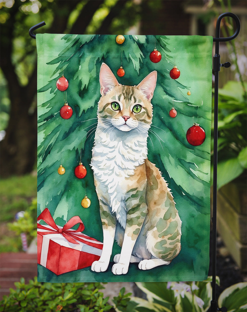 Oregon Rex Cat By the Christmas Tree Garden Flag