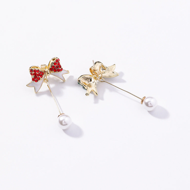 Silver Christmas Pearl Bow Earrings with Tassels