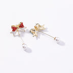 Silver Christmas Pearl Bow Earrings with Tassels