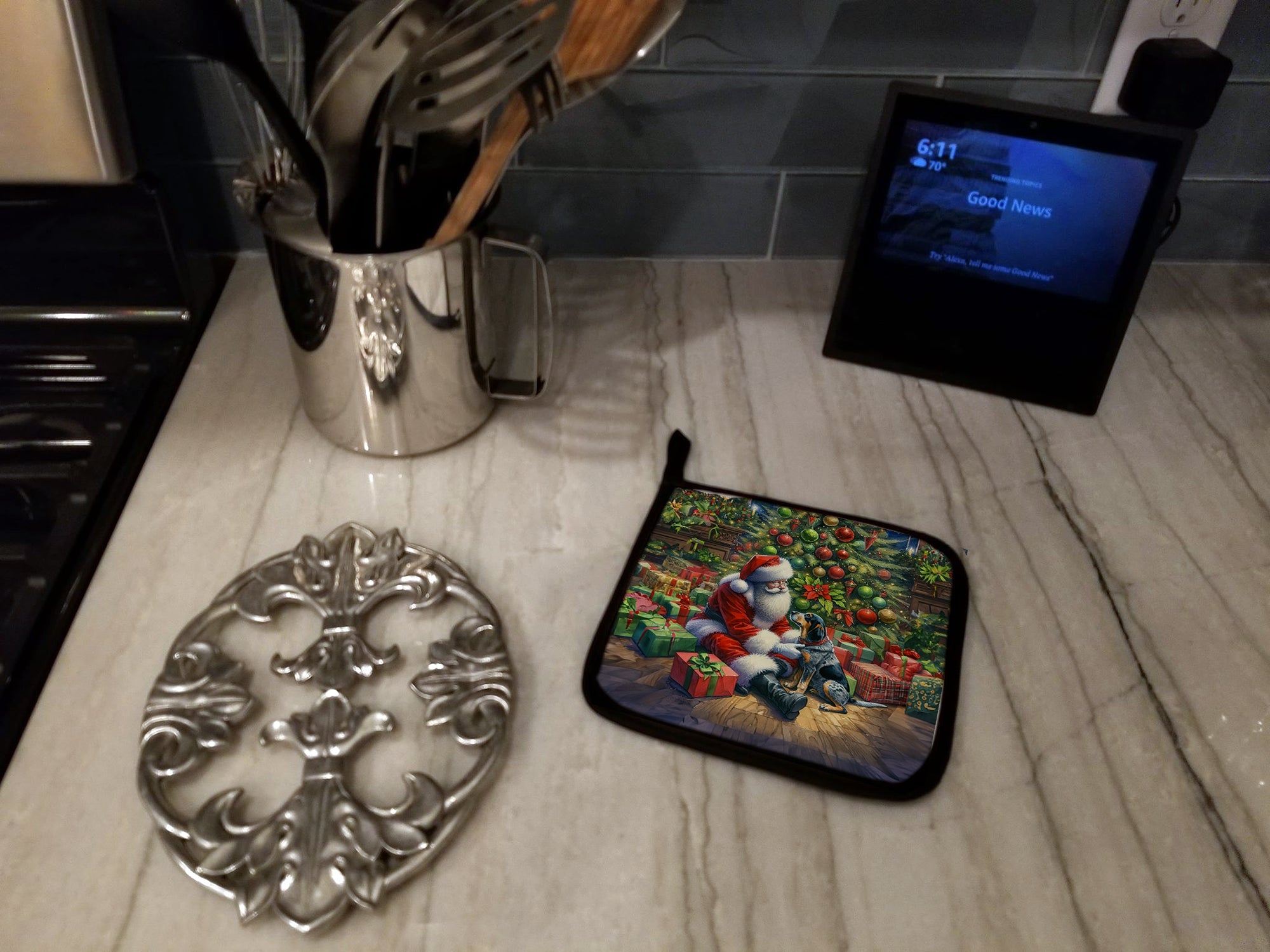 Bluetick Hound and Santa Claus Pair of Pot Holders