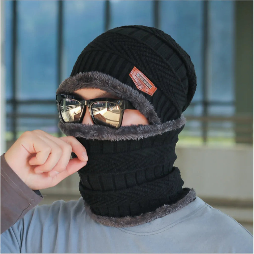 Men's Outdoor Warm Scarf & Fluff Hat | Embroidered Cap