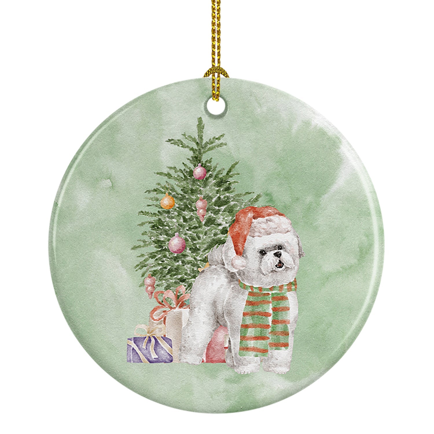 Bichon Frise Red Hat Christmas Presents and Tree Ceramic Ornament | Embroidered Cap