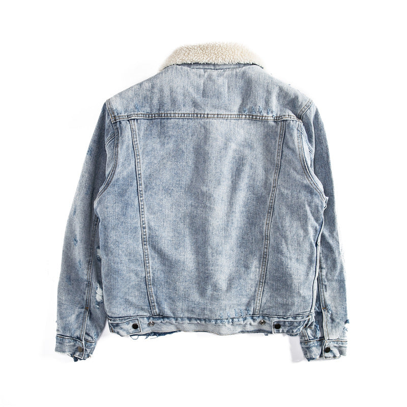 Winter Men's Distressed Lamb Wool Denim Jacket