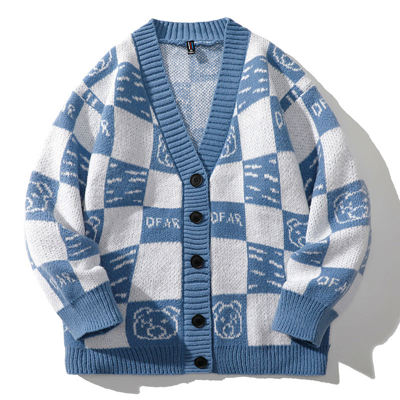 Men's Plaid Knitted Cardigan Sweater - Loose Fit Coat