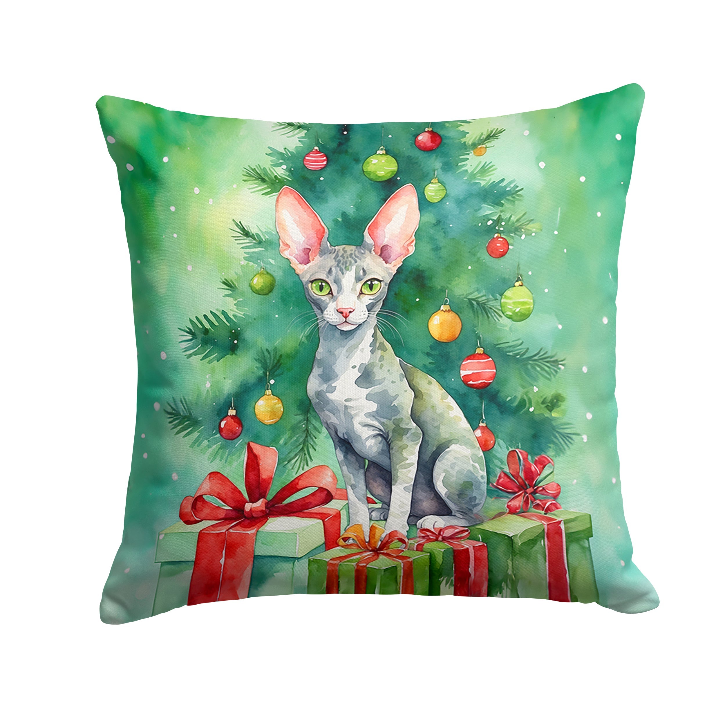 Cornish Rex Cat By the Christmas Tree Throw Pillow