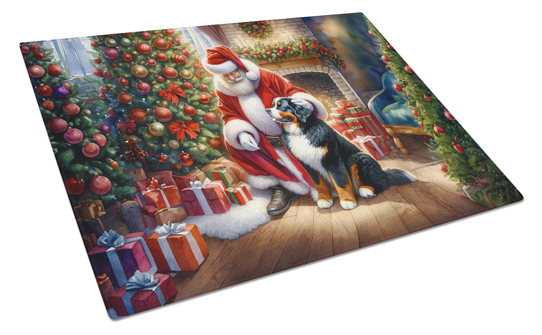 Bernese Mountain Dog and Santa Claus Glass Cutting Board