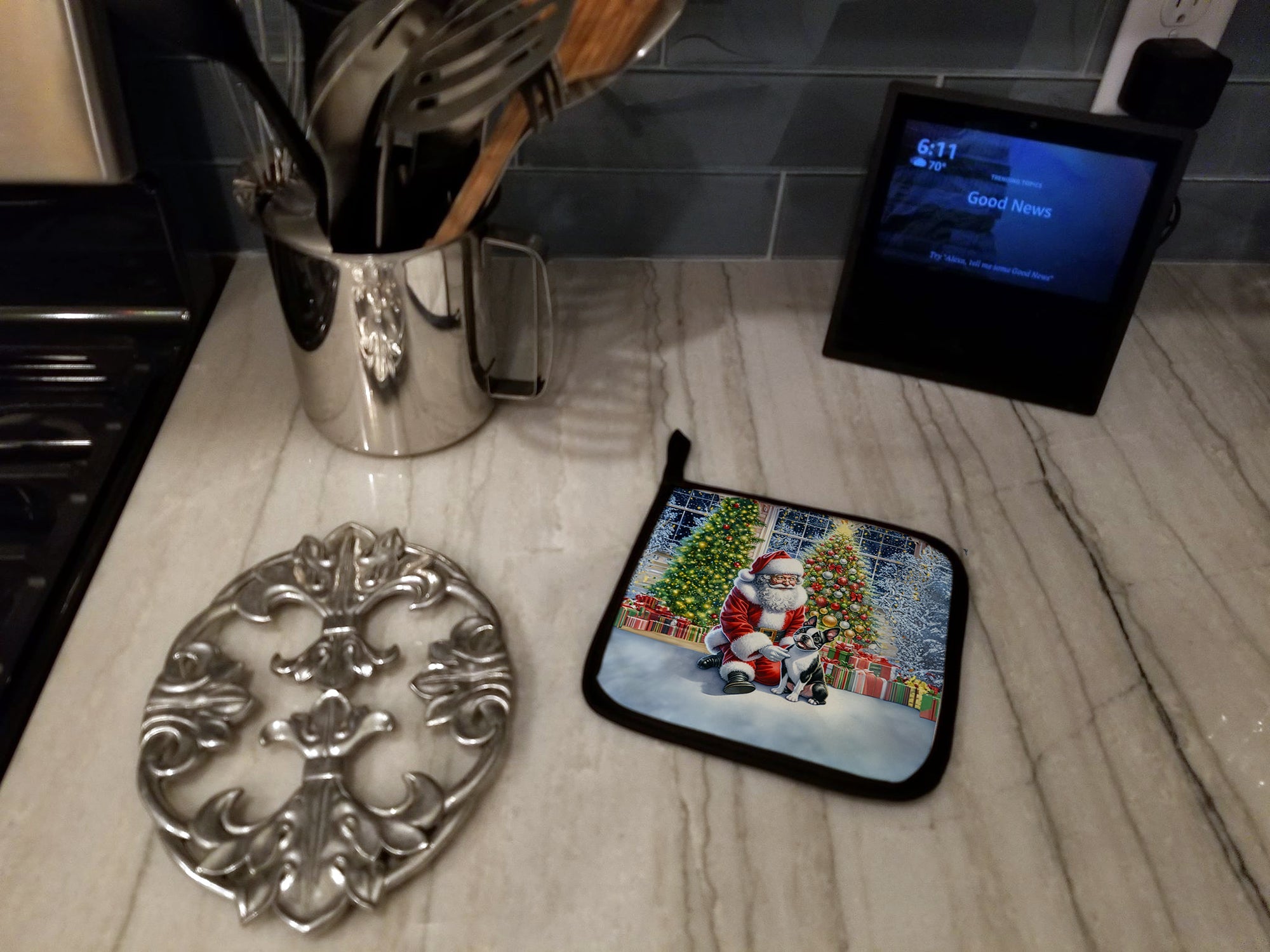 Boston Terrier and Santa Claus Pair of Pot Holders