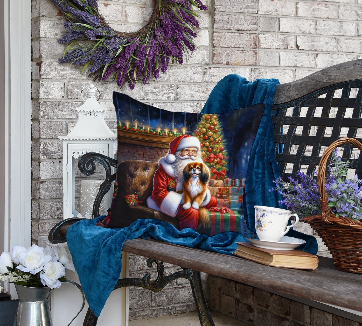 Tibetan Spaniel and Santa Claus Throw Pillow
