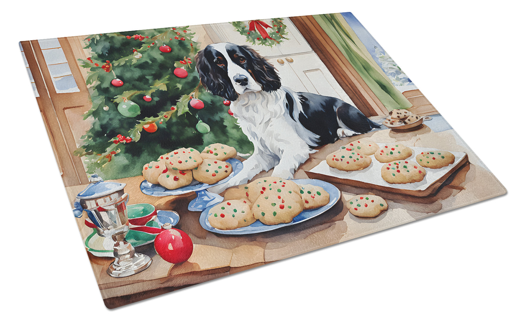 English Springer Spaniel Christmas Cookies Glass Cutting Board