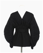 V-neck Pleated Sleeve Top and Waist Coat