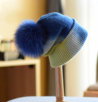 Women's Casual Wool Hat with Fox Fur Ball | Embroidered Cap