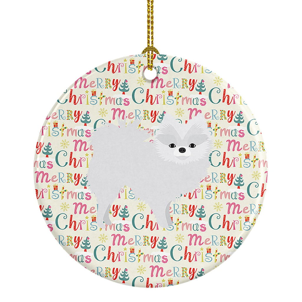 White Pomeranian Merry Christmas Ceramic Ornament