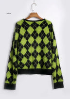 Oversized Fluffy Green Plaid Cardigan for Women