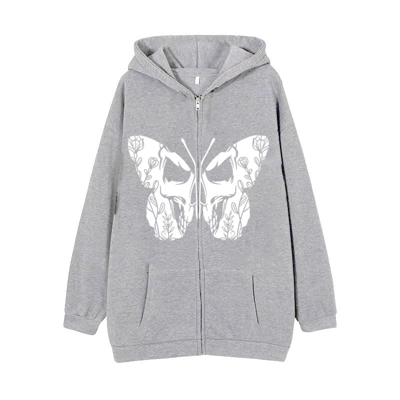Dark Butterfly Print Zip Casual Cardigan Sweatshirt | Streetwear