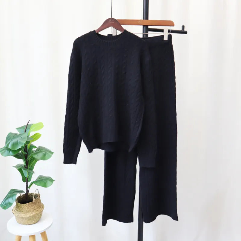 Sweater Pullover Plus Knitted Wide-legged Pants Two-piece Set | Streetwear