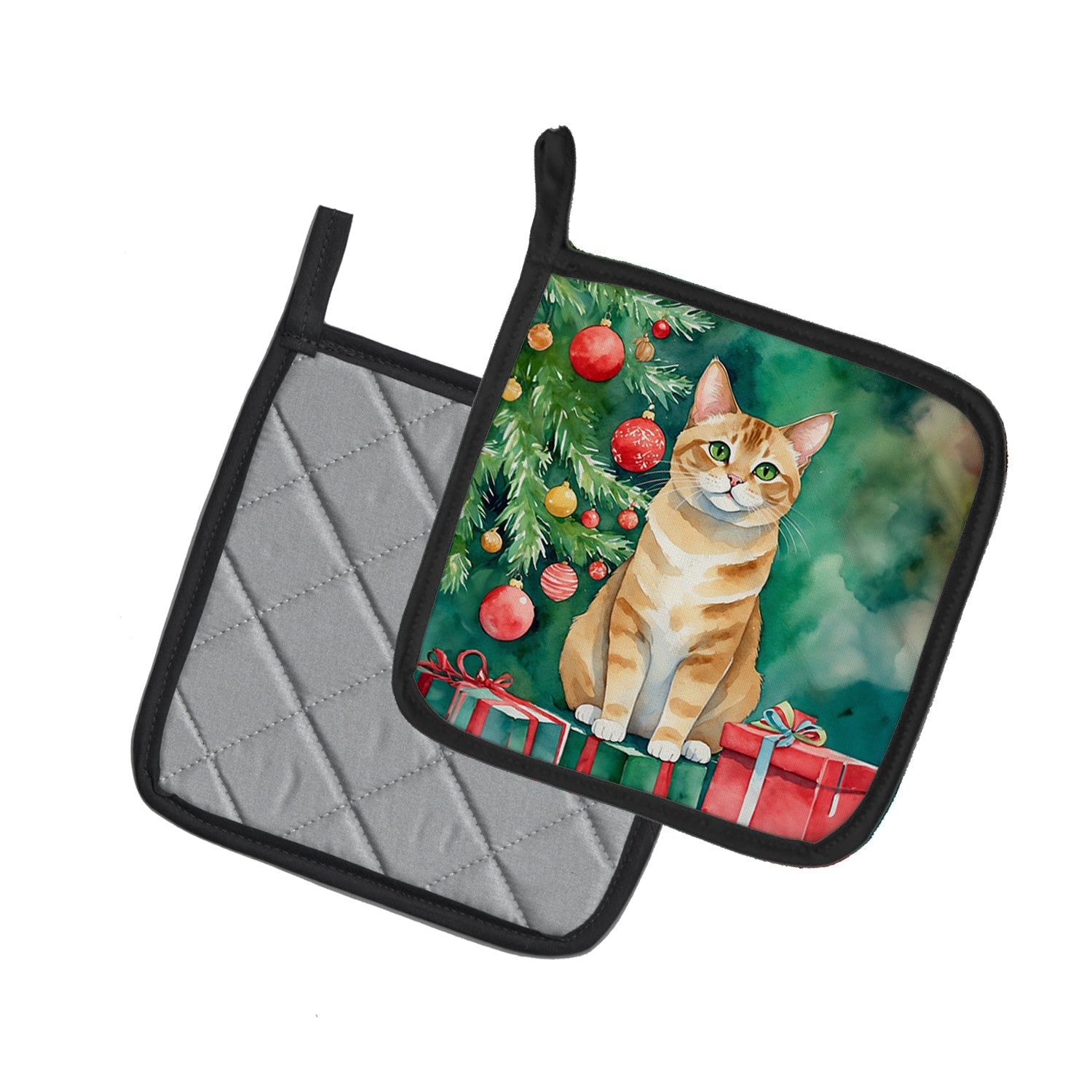 Malayan Cat By the Christmas Tree Pair of Pot Holders