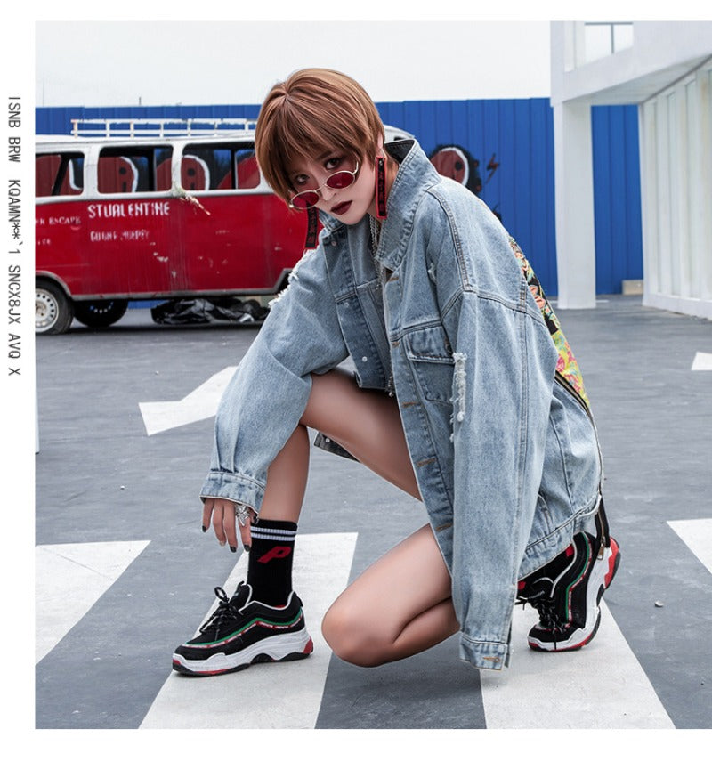 Vintage Floral Embroidery Ripped Denim Jacket for Women