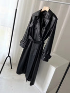 Fashionable Black Long Leather Wind Coat with Belt