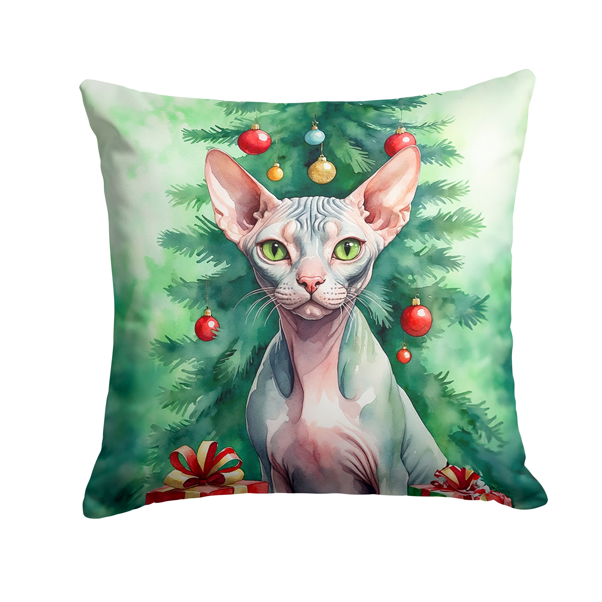 Sphynx Cat By the Christmas Tree Throw Pillow