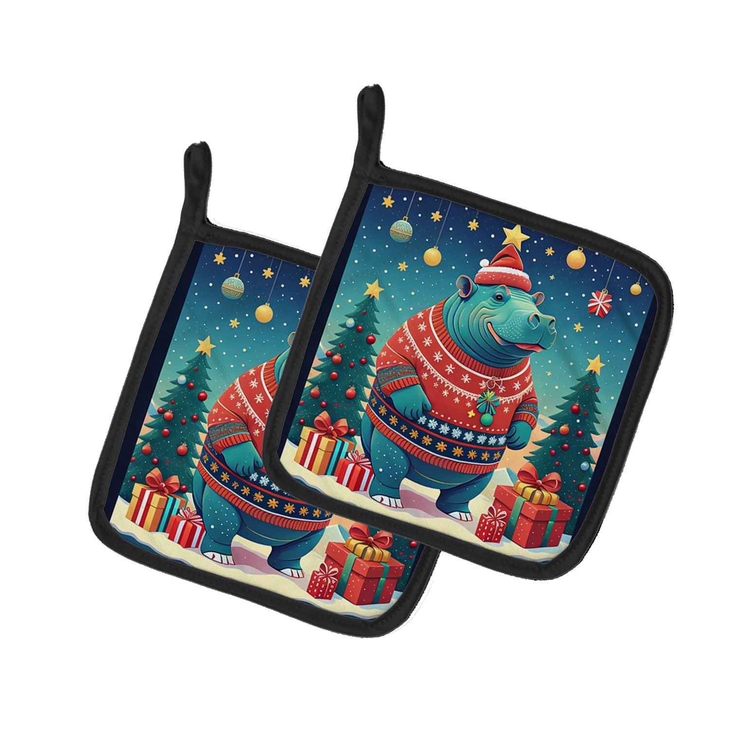 Hippopotamus Christmas Pair of Pot Holders