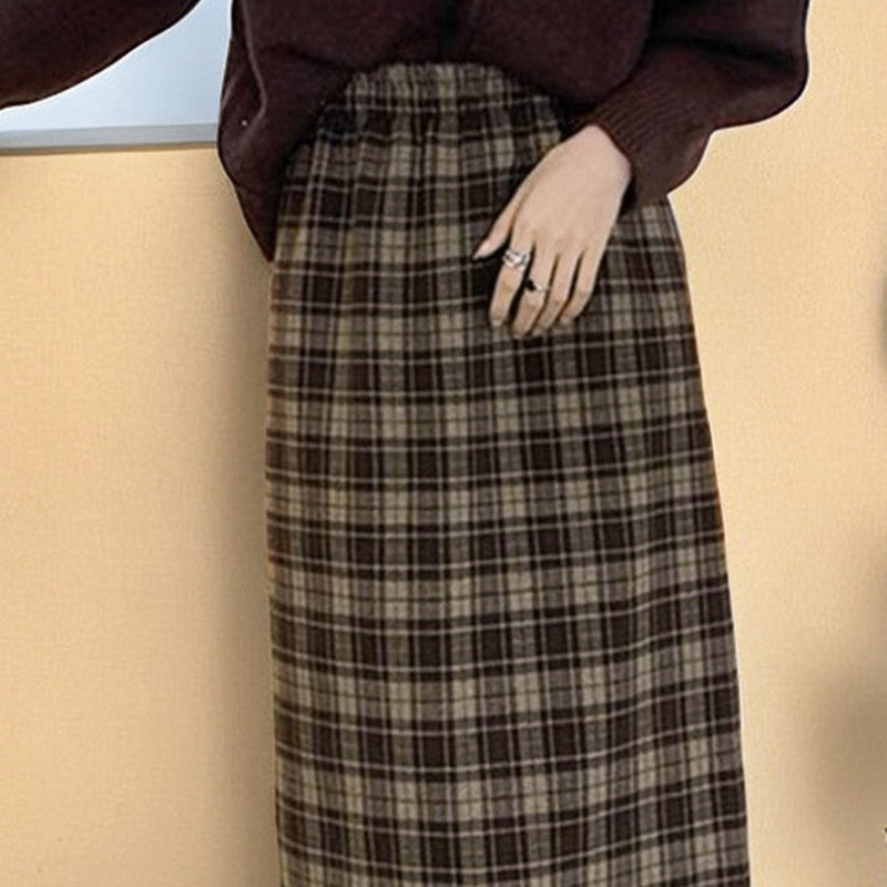 Fleece-lined Retro Plaid Skirt for Women