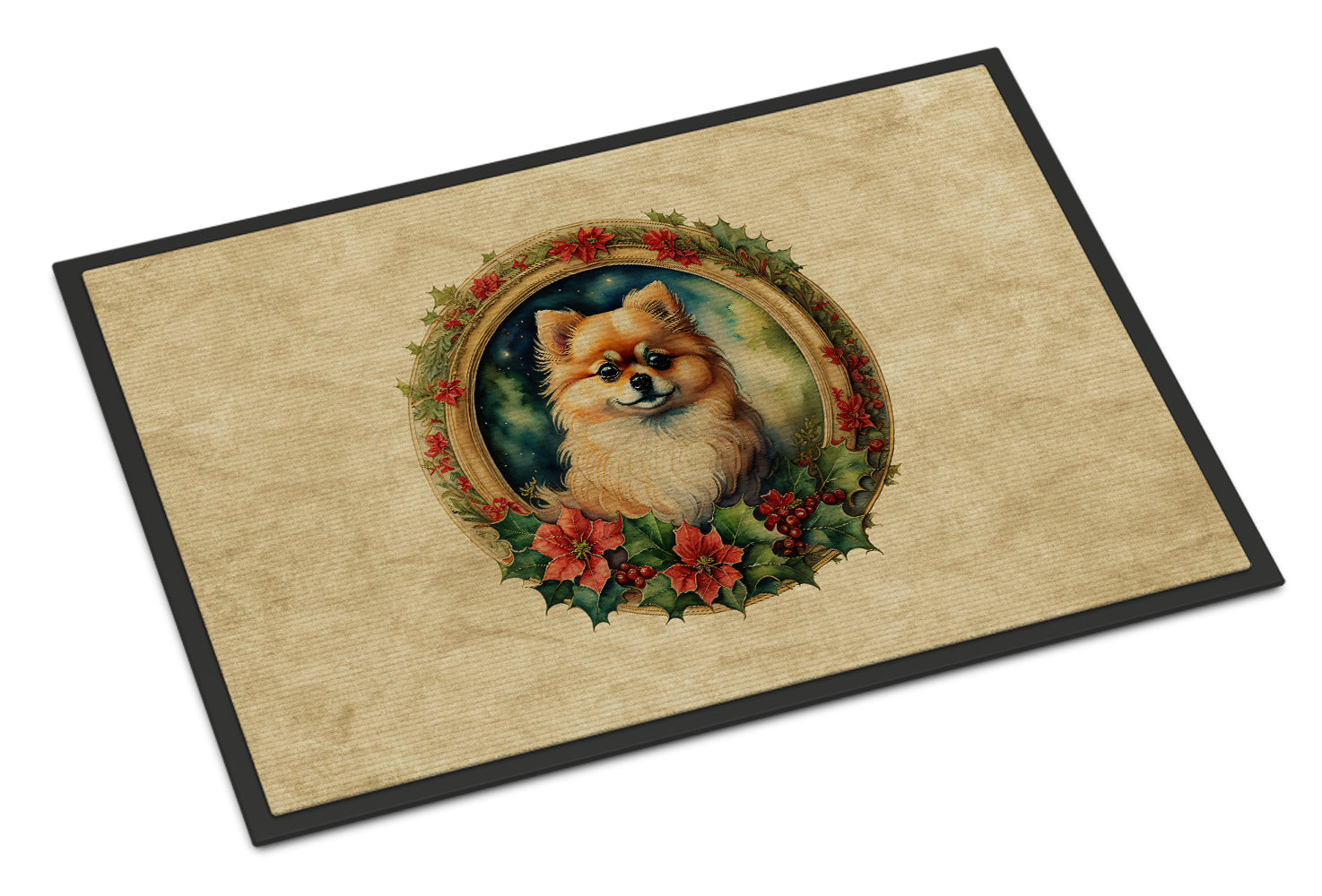 Pomeranian Christmas Flowers Doormat