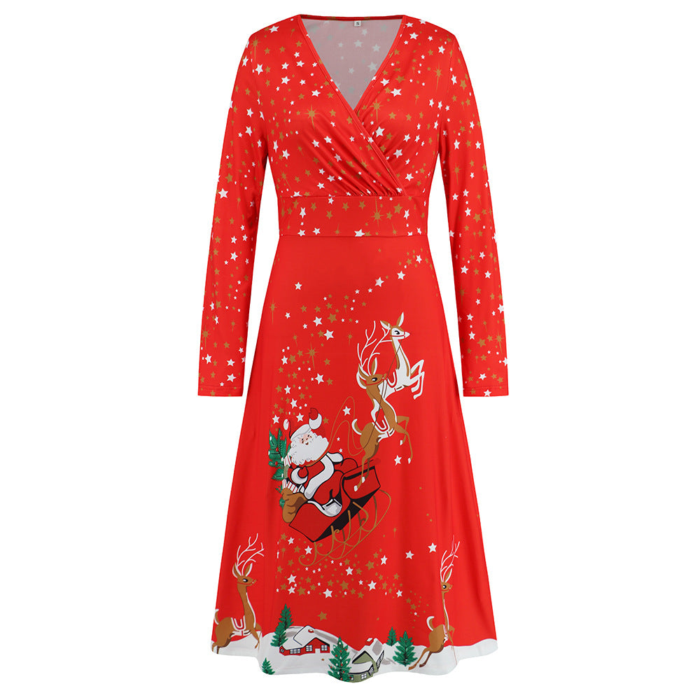 Women's Long Sleeve Christmas V-neck Printed Dress