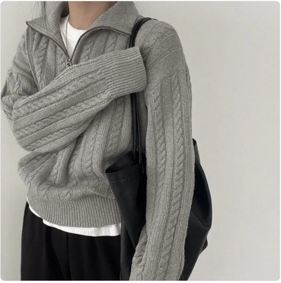 Korean-Style Retro Cable-Knit Zipper Pullover – Casual Long Sleeve Sweater Top | Streetwear