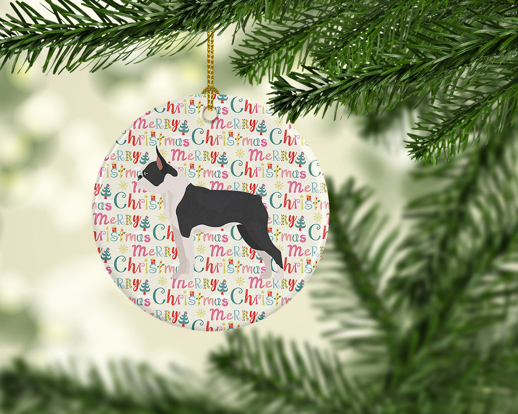 Boston Terrier Merry Christmas Ceramic Ornament