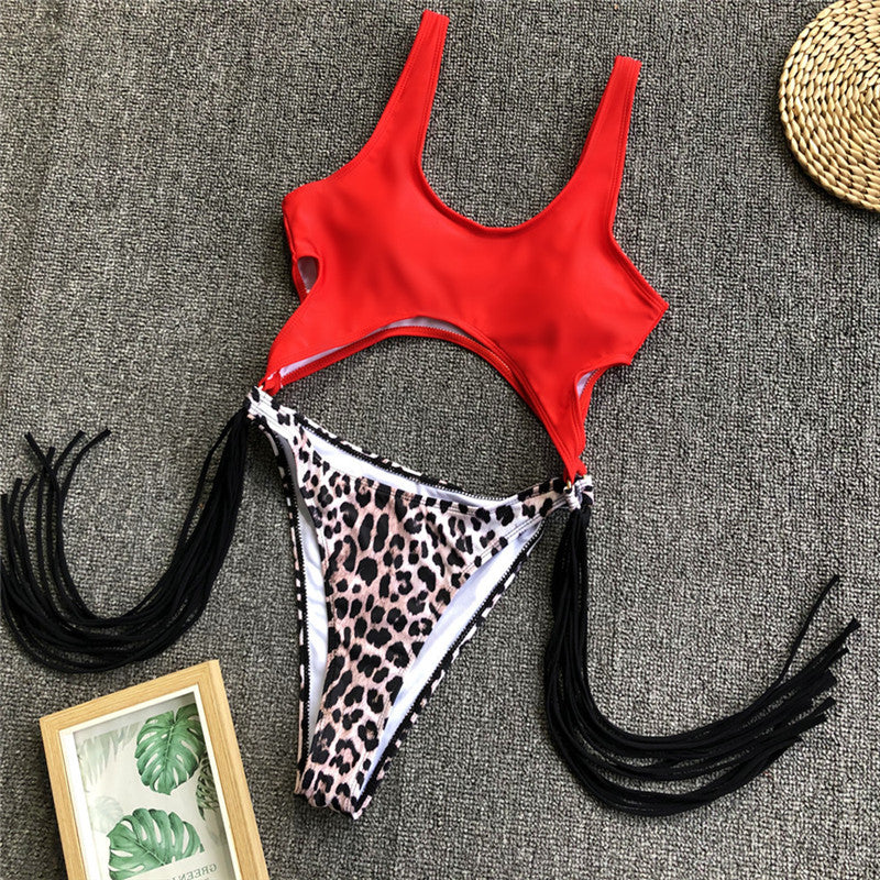 Sexy Hollow Out Steel Ring Tassel One-Piece Swimsuit