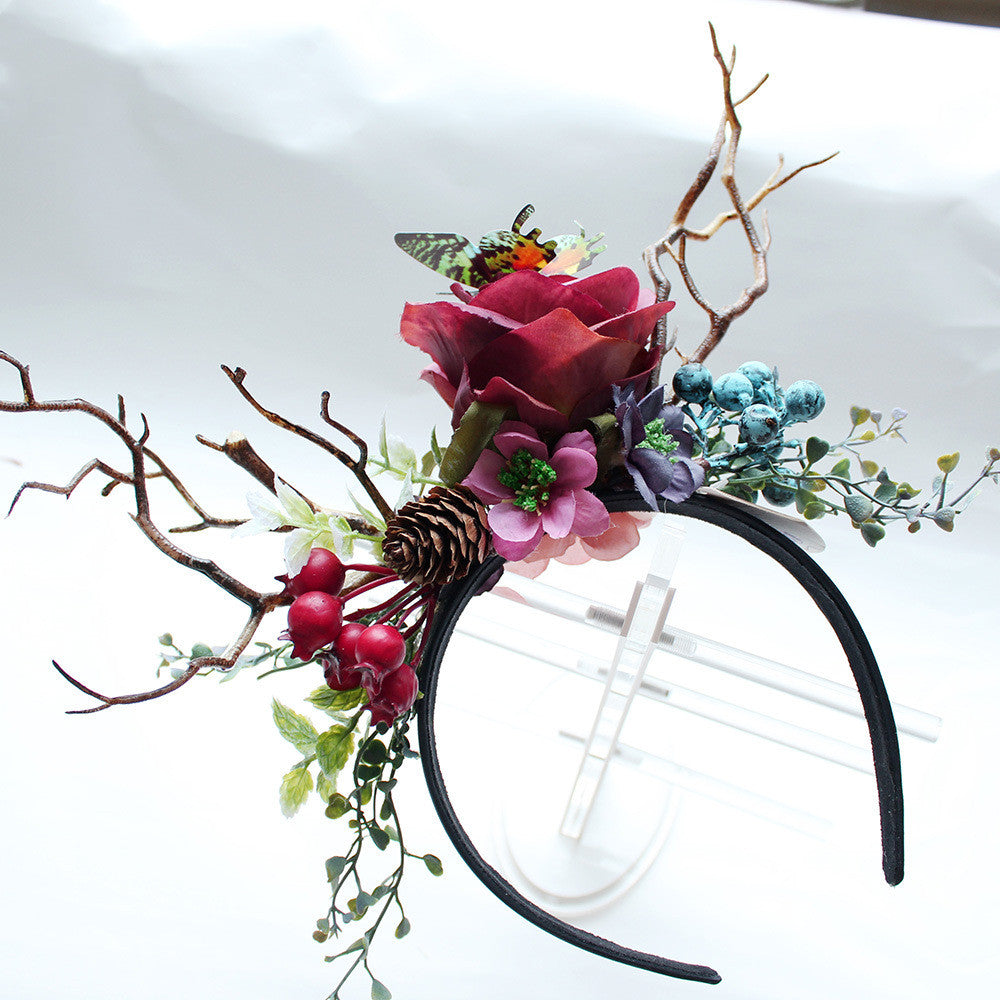 Exaggerated Christmas Antler Headband with Floral Accents