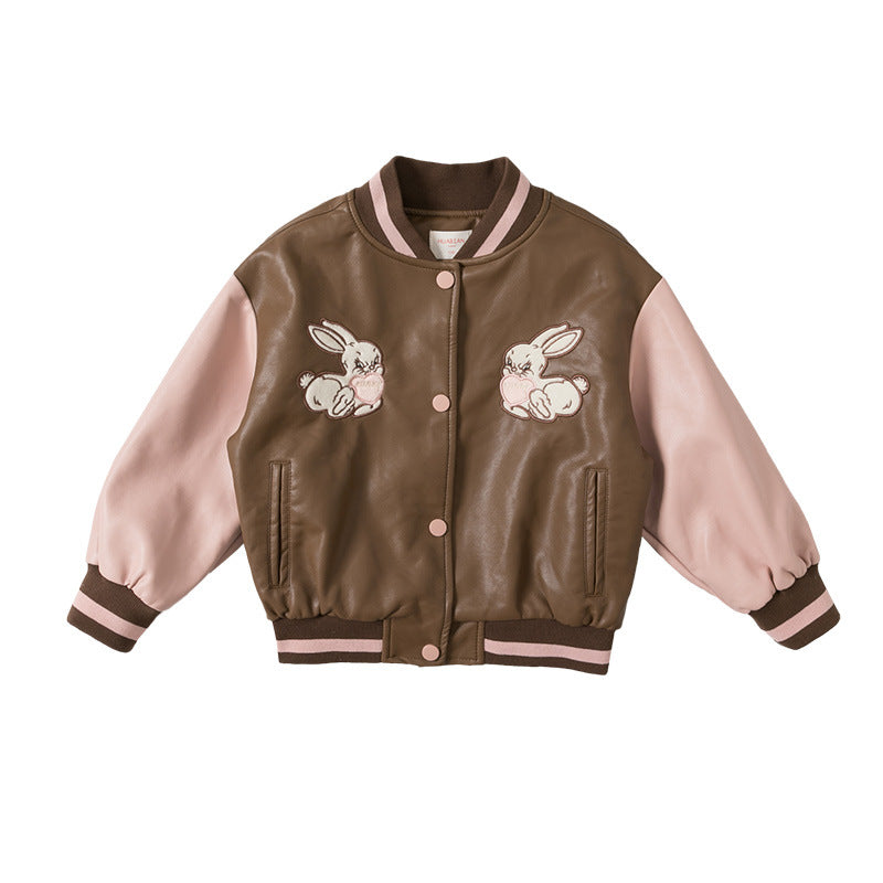 Girls' PU Leather Coat for Spring and Autumn Wear
