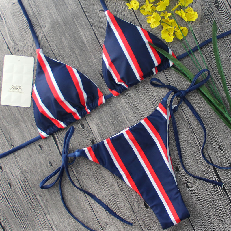 Classic Striped Bikini Set with Ties and Print Design