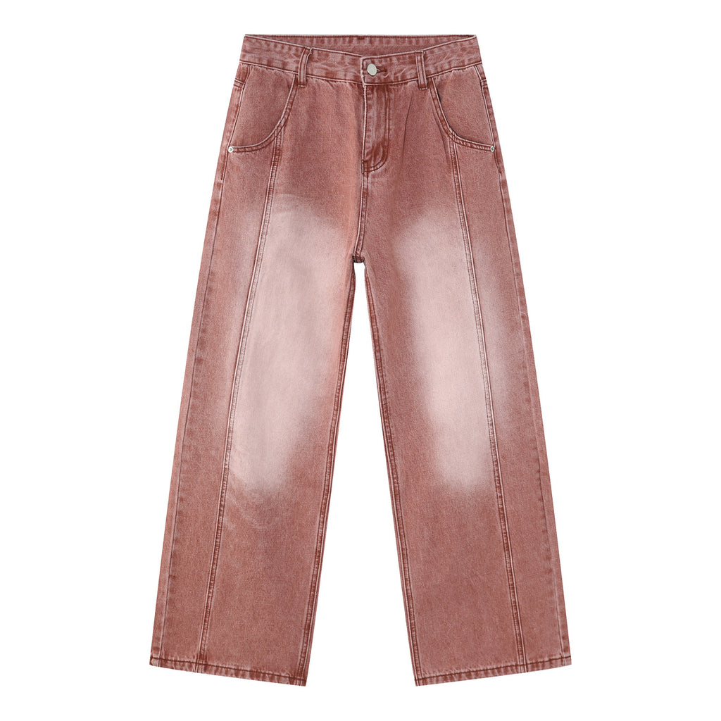 Retro Brick Red Denim Jacket with Stitching Trousers