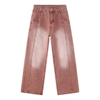Retro Brick Red Denim Jacket with Stitching Trousers