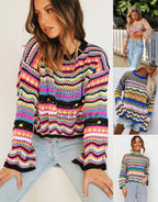 Loose Rainbow Striped Round Neck Sweater for Women