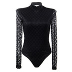Elegant Women's Black Plaid Long-Sleeve Bodysuit