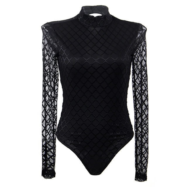 Elegant Women's Black Plaid Long-Sleeve Bodysuit