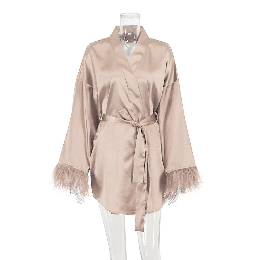 Feather Trim Silk-Feel Long Sleeve Nightgown