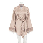 Feather Trim Silk-Feel Long Sleeve Nightgown