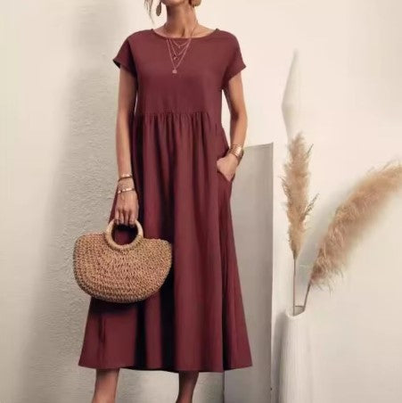 Women's Cotton Round Neck A-Line Skirt Dress
