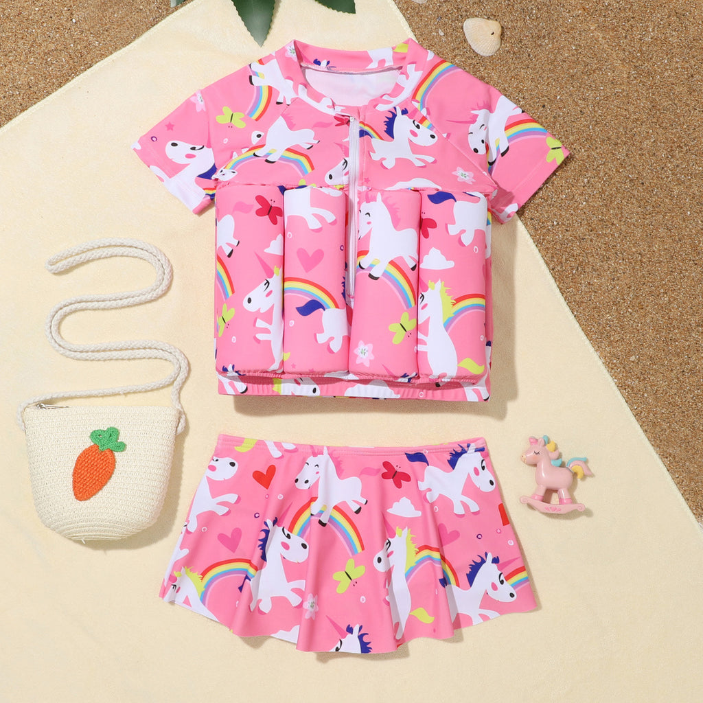 2022 Pink Girls' Split Swimsuit with Zipper and Shorts