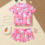 2022 Pink Girls' Split Swimsuit with Zipper and Shorts